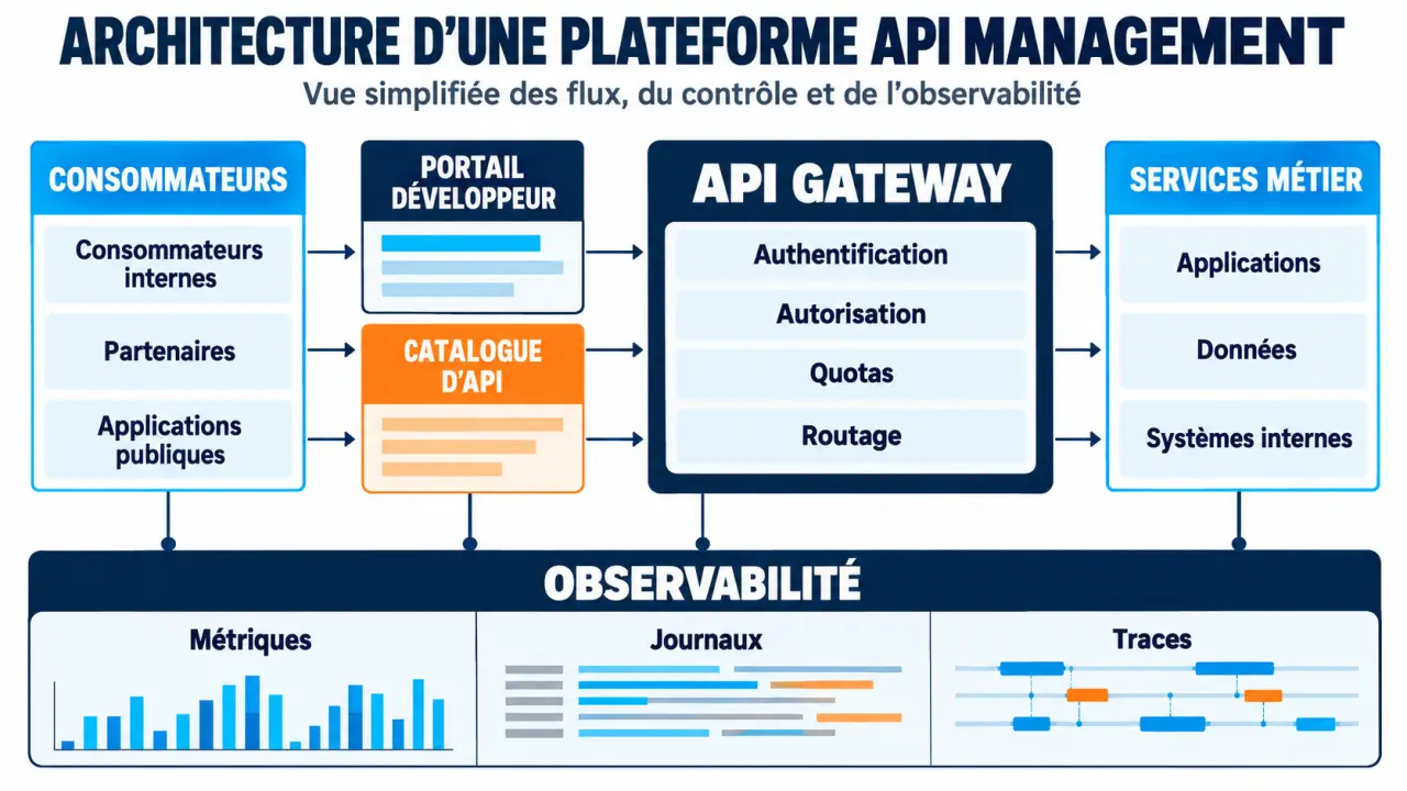 Schéma d’architecture d’une plateforme d’API Management avec portail développeur, gateway, sécurité et observabilité