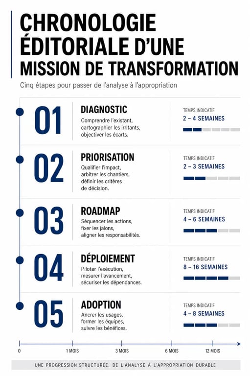 Timeline d’un directeur de la transformation avec diagnostic, roadmap, déploiement et adoption des équipes