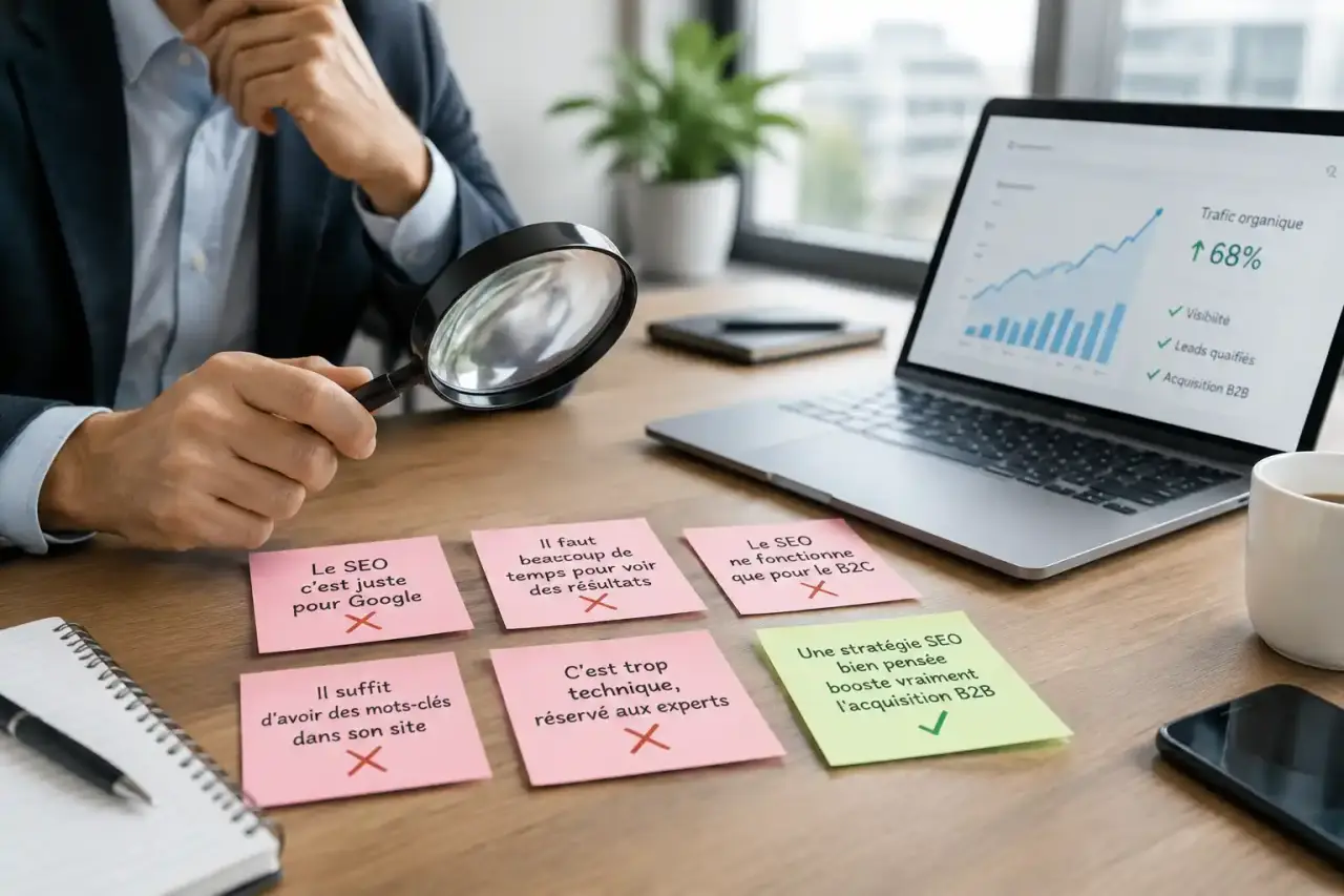 Équipe dirigeante analysant une stratégie SEO et des indicateurs d’acquisition B2B