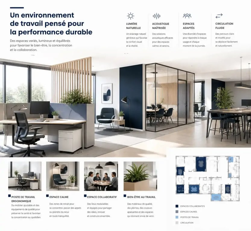 Environnement professionnel : espace de travail hybride avec ergonomie, collaboration et bien-être