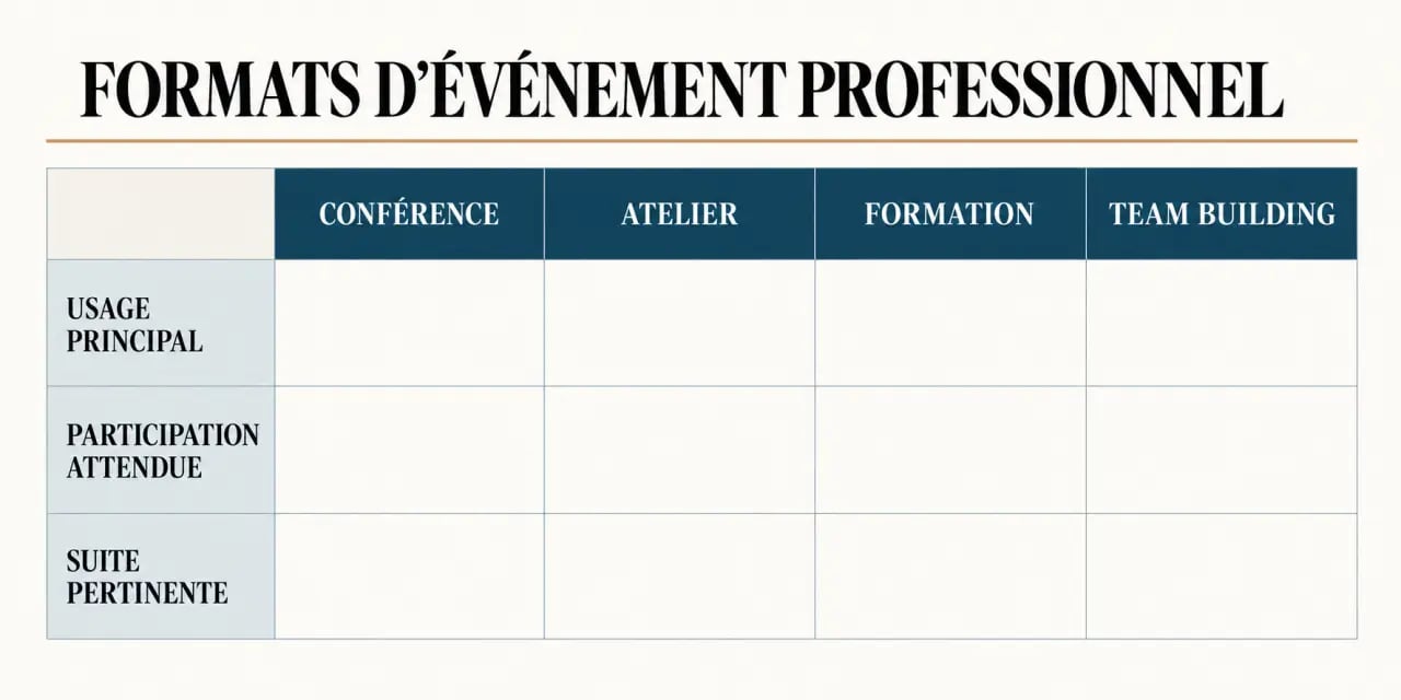 Infographie sur les formats de conférence pour entreprise, atelier, formation et team building
