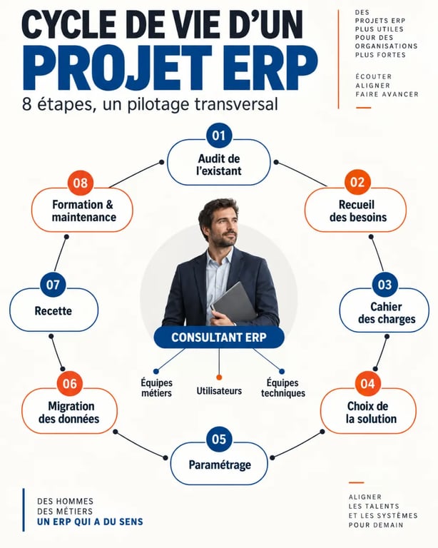 Infographie du cycle de vie d'un projet avec le consultant ERP au centre des étapes