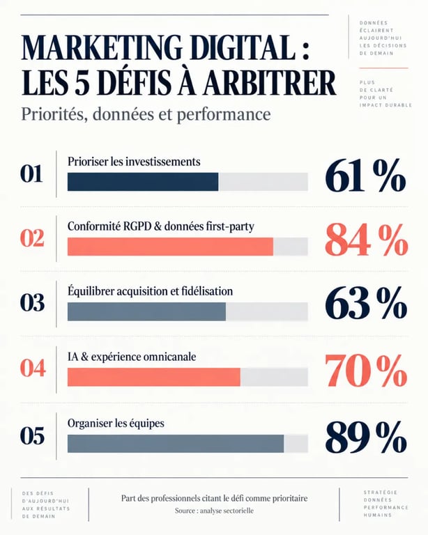 Défis développement marketing digital : synthèse visuelle des enjeux d’investissement, de données, d’acquisition, d’IA et d’organisation
