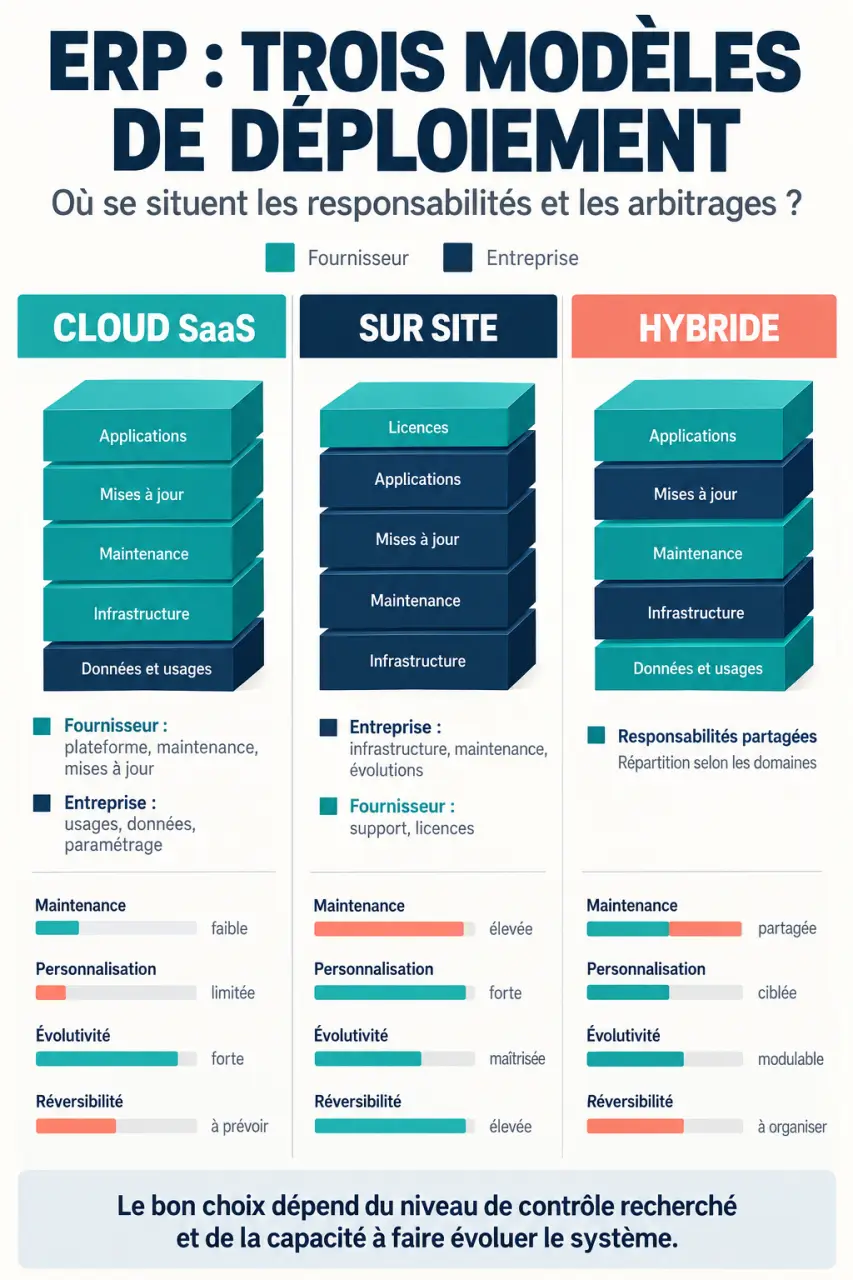 Infographie sur les kinds of ERP et les différences entre cloud SaaS, ERP sur site et ERP hybride