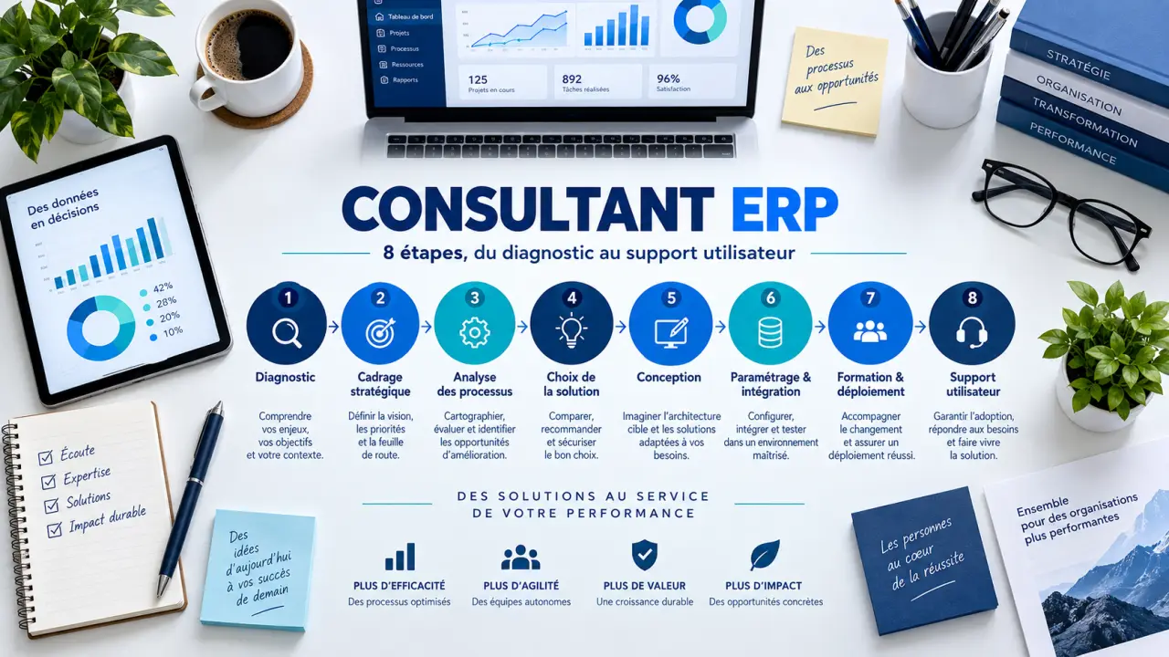 Consultant ERP : 8 étapes, du diagnostic au support utilisateur