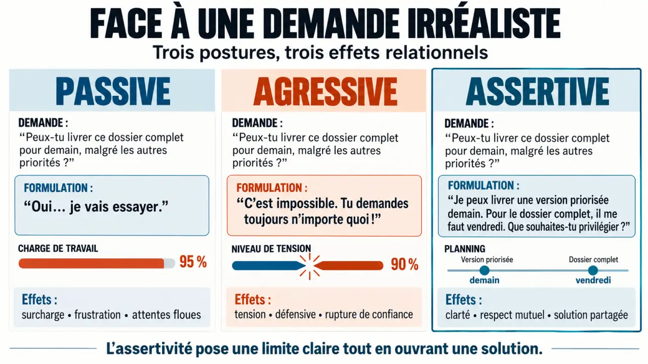 Formation assertivité et leadership : infographie des postures passive, agressive et assertive
