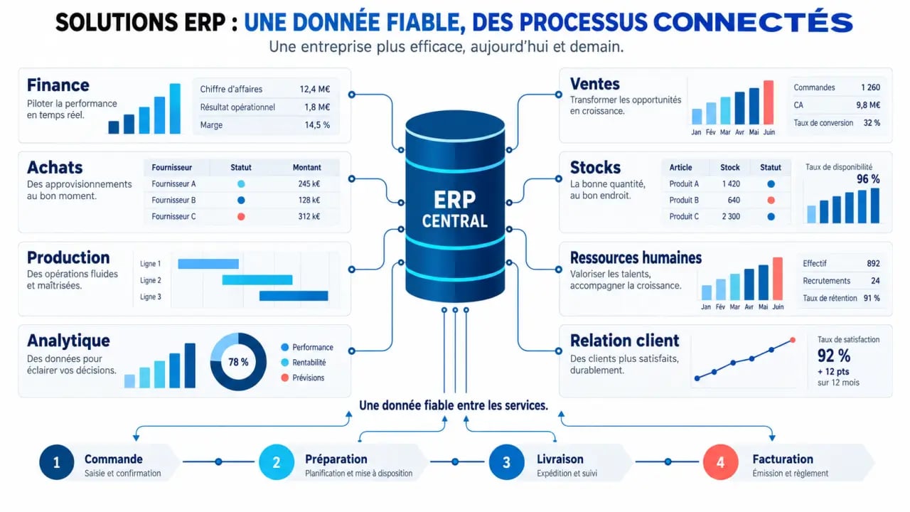 Infographie des solutions SAP et de l'intégration entre finance, achats, ventes, stocks et production