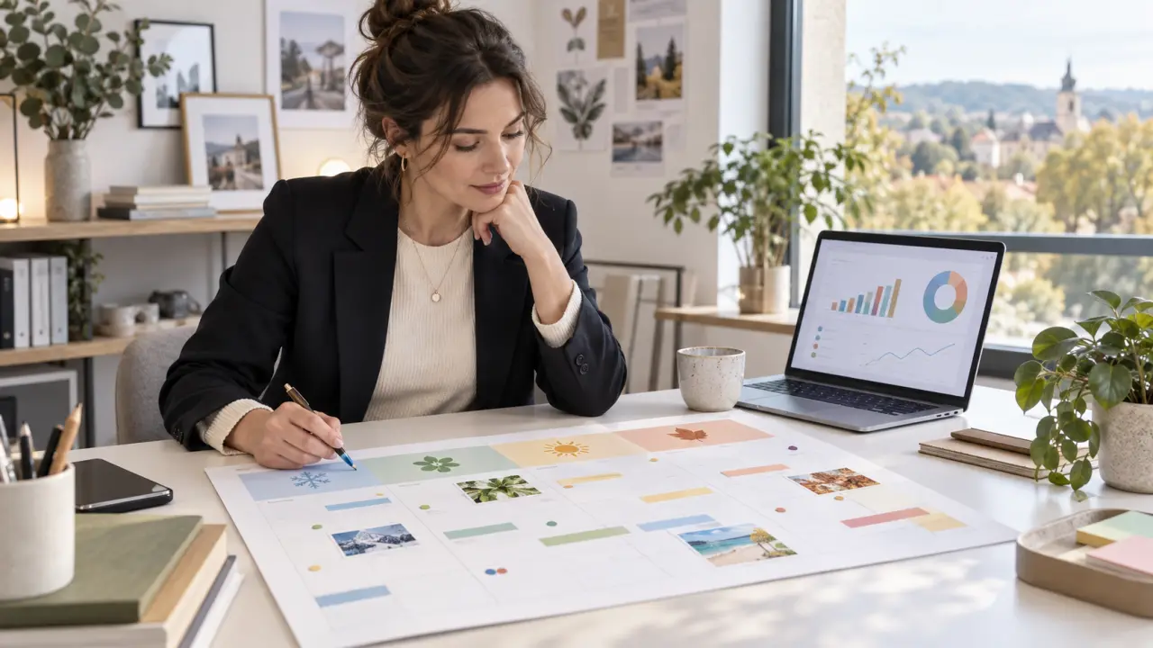 Équipe marketing analysant un calendrier saisonnier et des indicateurs de performance
