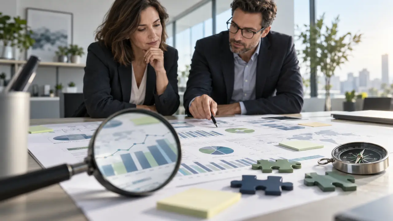 Équipe dirigeante analysant les résultats d’un audit marketing autour d’une table de réunion