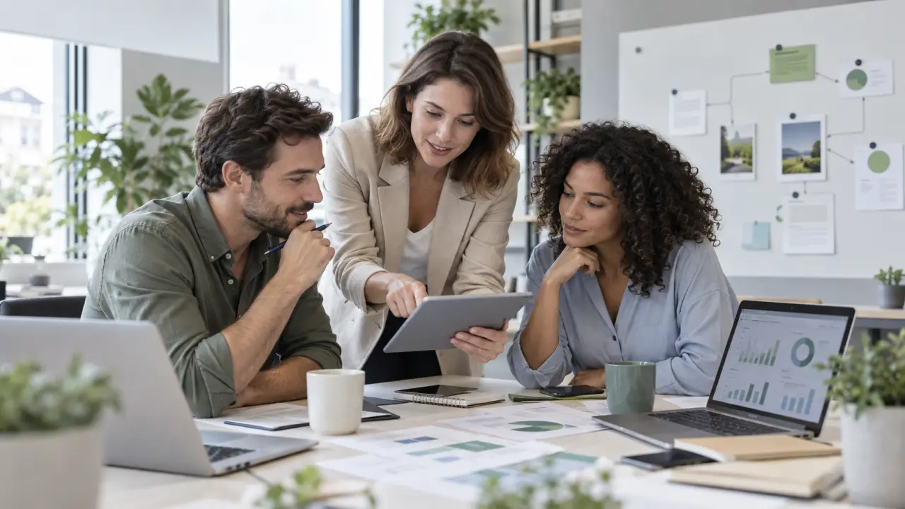 Équipe de direction analysant une stratégie digitale dans un environnement de travail moderne