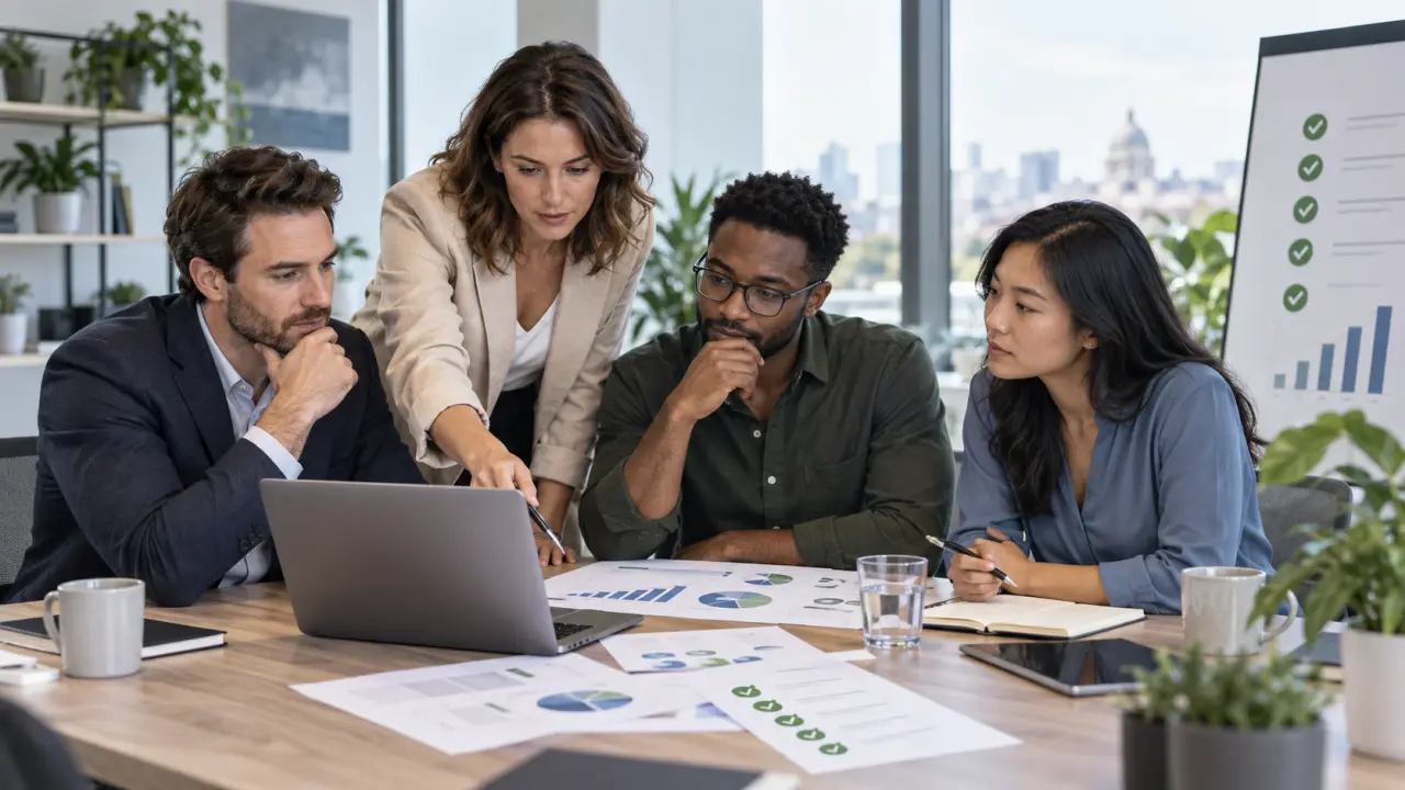 Dirigeants de PME analysant un plan stratégique et des indicateurs de performance