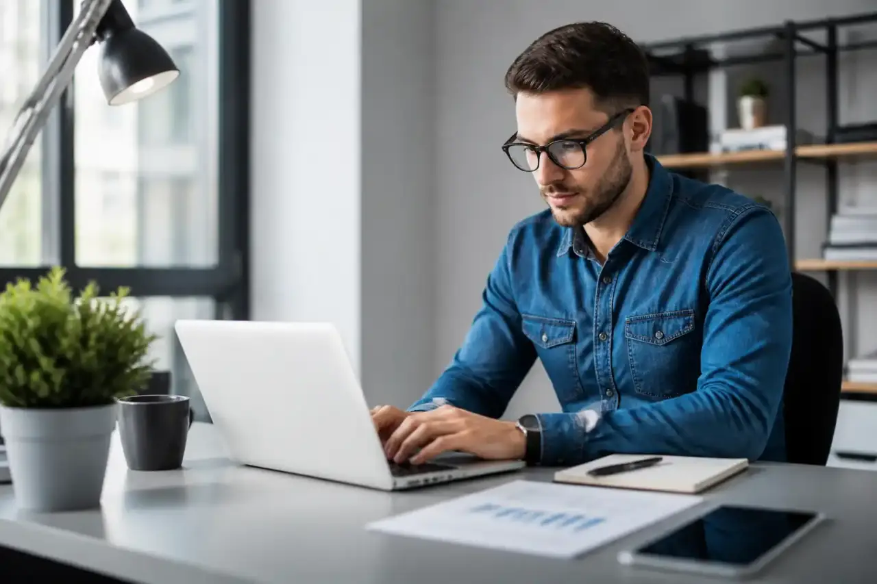 Photographie éditoriale d'un espace de travail moderne illustrant une stratégie digitale et commerciale