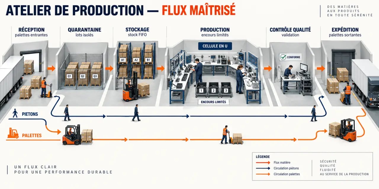 Schéma d’organisation d’un atelier de production avec flux, zones et circulation séparée