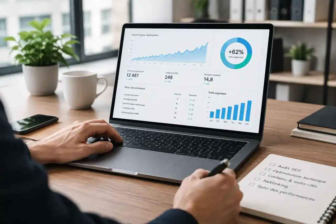 Équipe de direction analysant les performances SEO d’une PME sur un tableau de bord