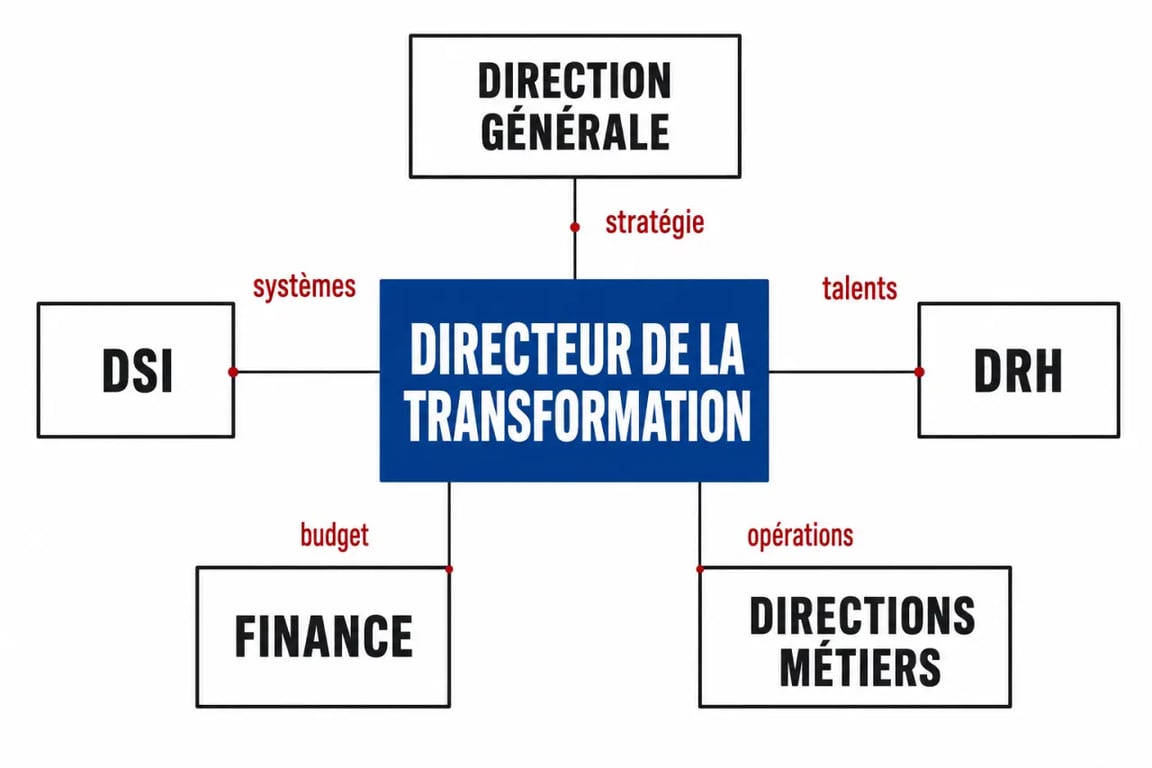 Directeur de la transformation au centre d’un organigramme entre DG, DSI, DRH, finance et métiers